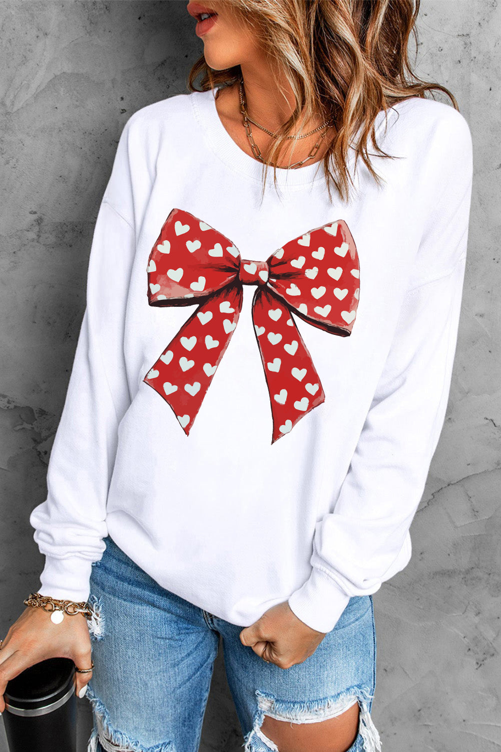 White Heart Bow Printed Round Neck Valentines Pullover Sweatshirt-Graphic Sweatshirts-[Adult]-[Female]-2022 Online Blue Zone Planet