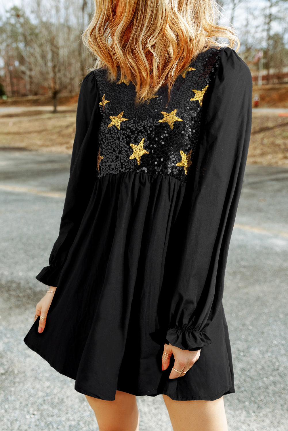 Black Sequined Stars Flounce Sleeve Ruffled Babydoll Dress-TOPS / DRESSES-[Adult]-[Female]-2022 Online Blue Zone Planet