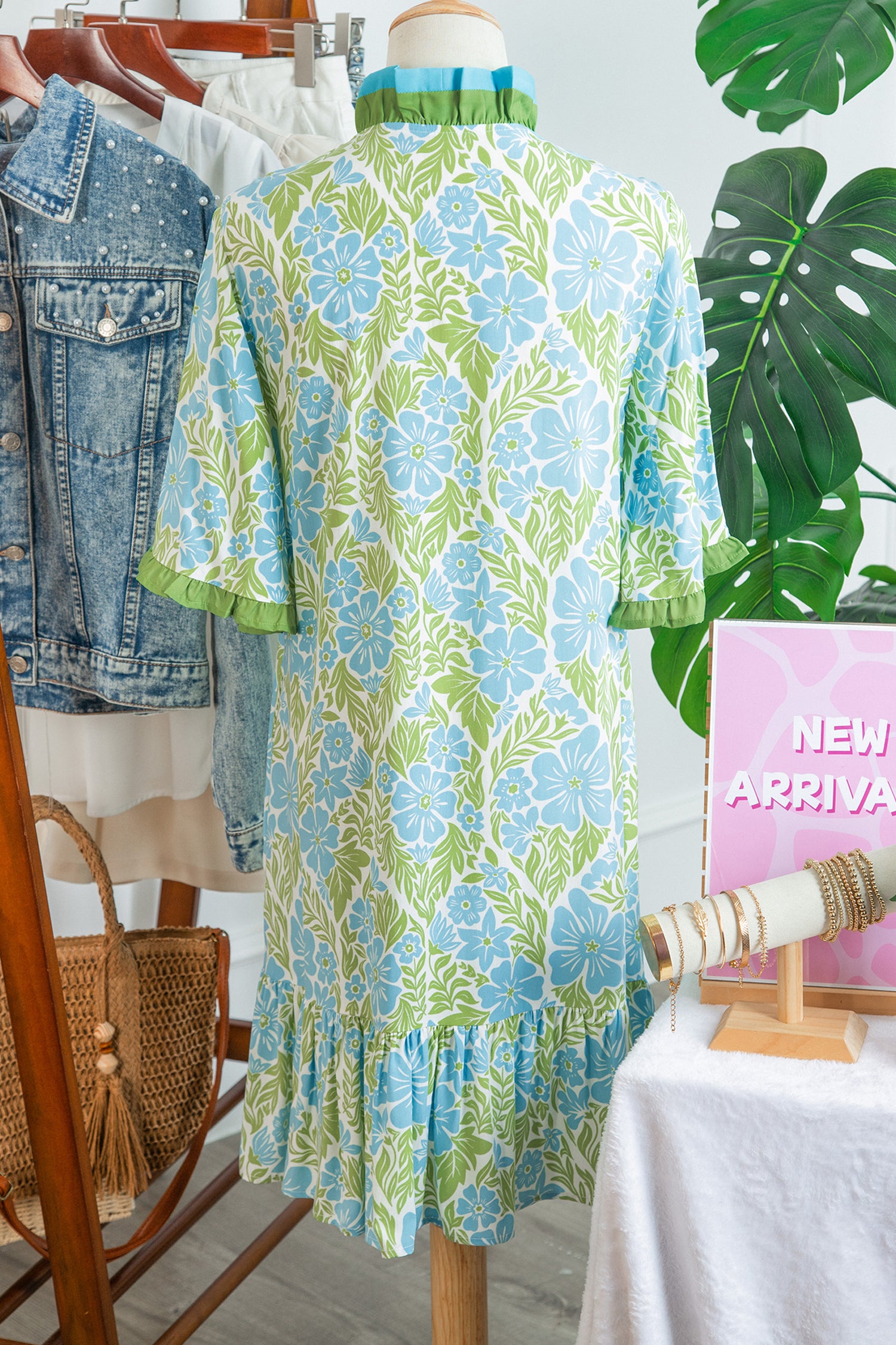 Sky Blue Botanical Floral Print Frilled Trim V Neck Button Front Loose Dress-TOPS / DRESSES-[Adult]-[Female]-2022 Online Blue Zone Planet