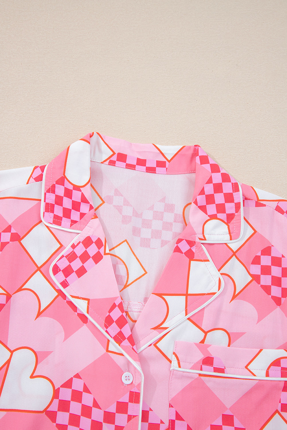 Pink Heart Print Shirt Style Silky Short Pajama Set-Loungewear & Sleepwear/Sleepwear-[Adult]-[Female]-2022 Online Blue Zone Planet