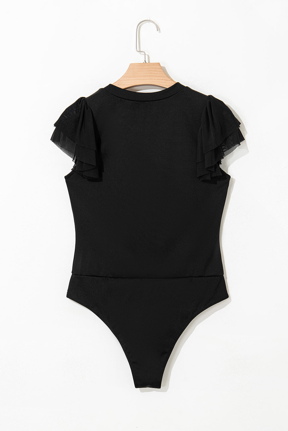 Black Solid Ruffled Mesh Patchwork Sleeve Bodysuit-Tops/Bodysuits-[Adult]-[Female]-2022 Online Blue Zone Planet