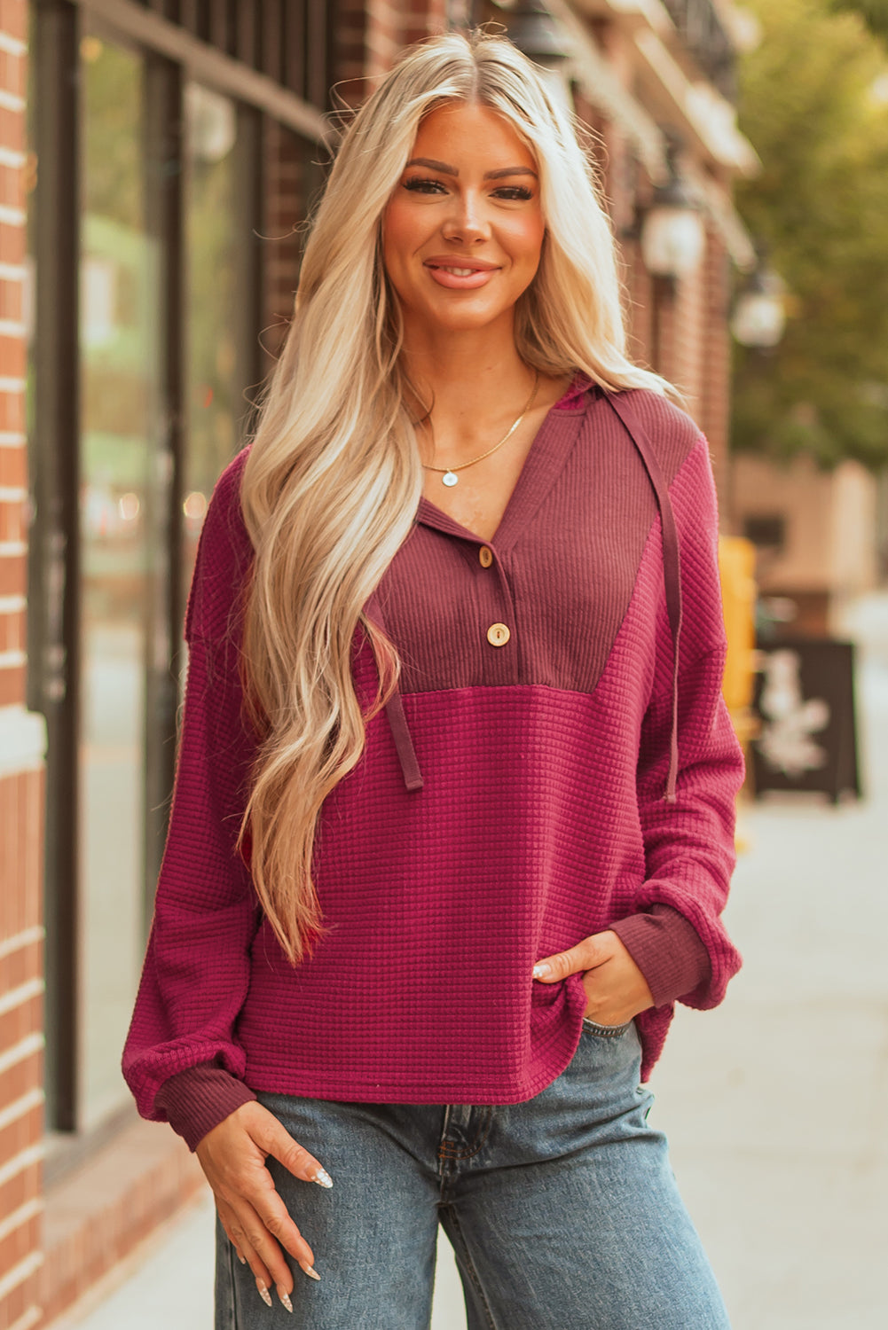 Racing Red Waffle Patchwork Drop Shoulder Hooded Long Sleeve Top-Tops / Dresses-[Adult]-[Female]-2022 Online Blue Zone Planet