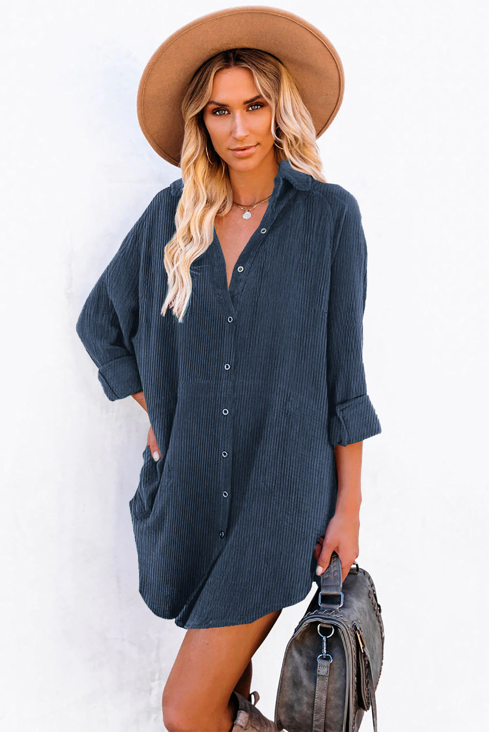Black Corduroy Shirt Style Full Button Long Sleeve Shift Mini Dress-TOPS / DRESSES-[Adult]-[Female]-Blue-S-2022 Online Blue Zone Planet