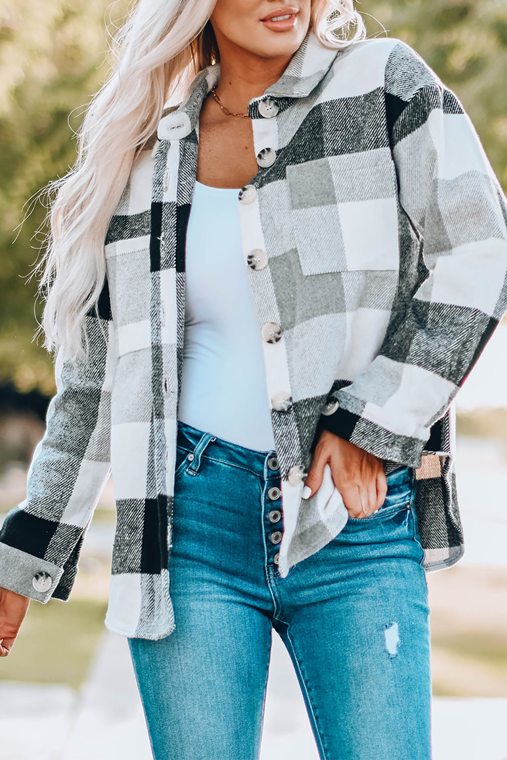 Khaki Plaid Color Block Buttoned Long Sleeve Jacket with Pocket-Outerwear/Plaid Shackets-[Adult]-[Female]-Gray-S-2022 Online Blue Zone Planet