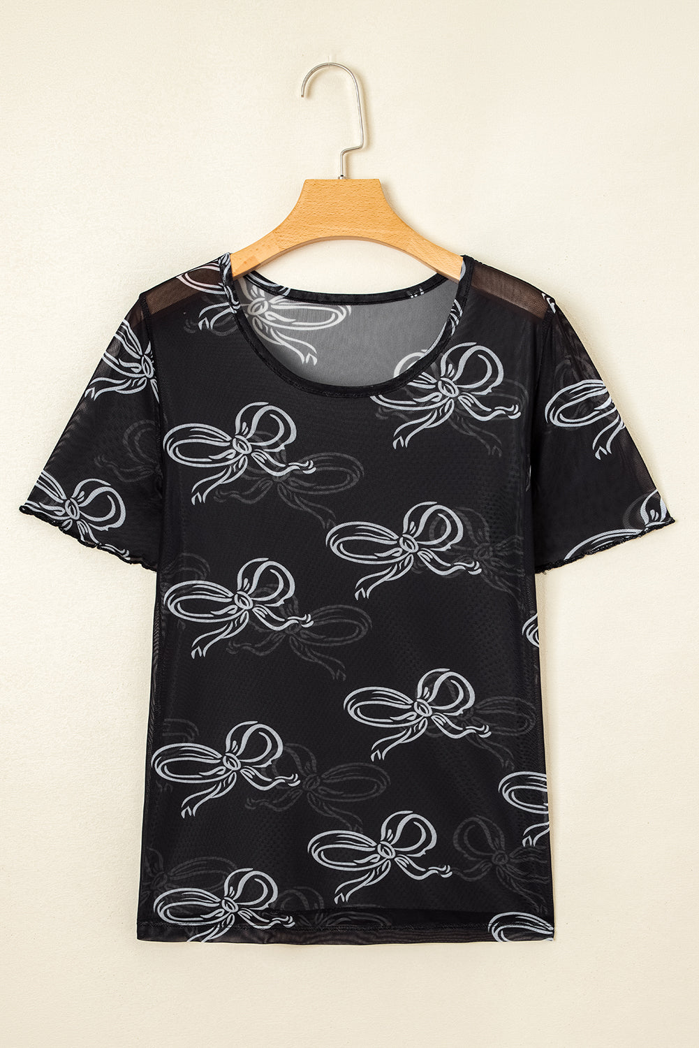 Black Bow Printed Mesh Short Sleeve Top-Tops/Tops & Tees-[Adult]-[Female]-2022 Online Blue Zone Planet