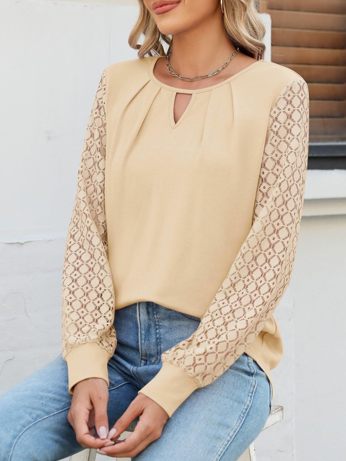 Cutout Round Neck Lace Long Sleeve Blouse-TOPS / DRESSES-[Adult]-[Female]-2022 Online Blue Zone Planet