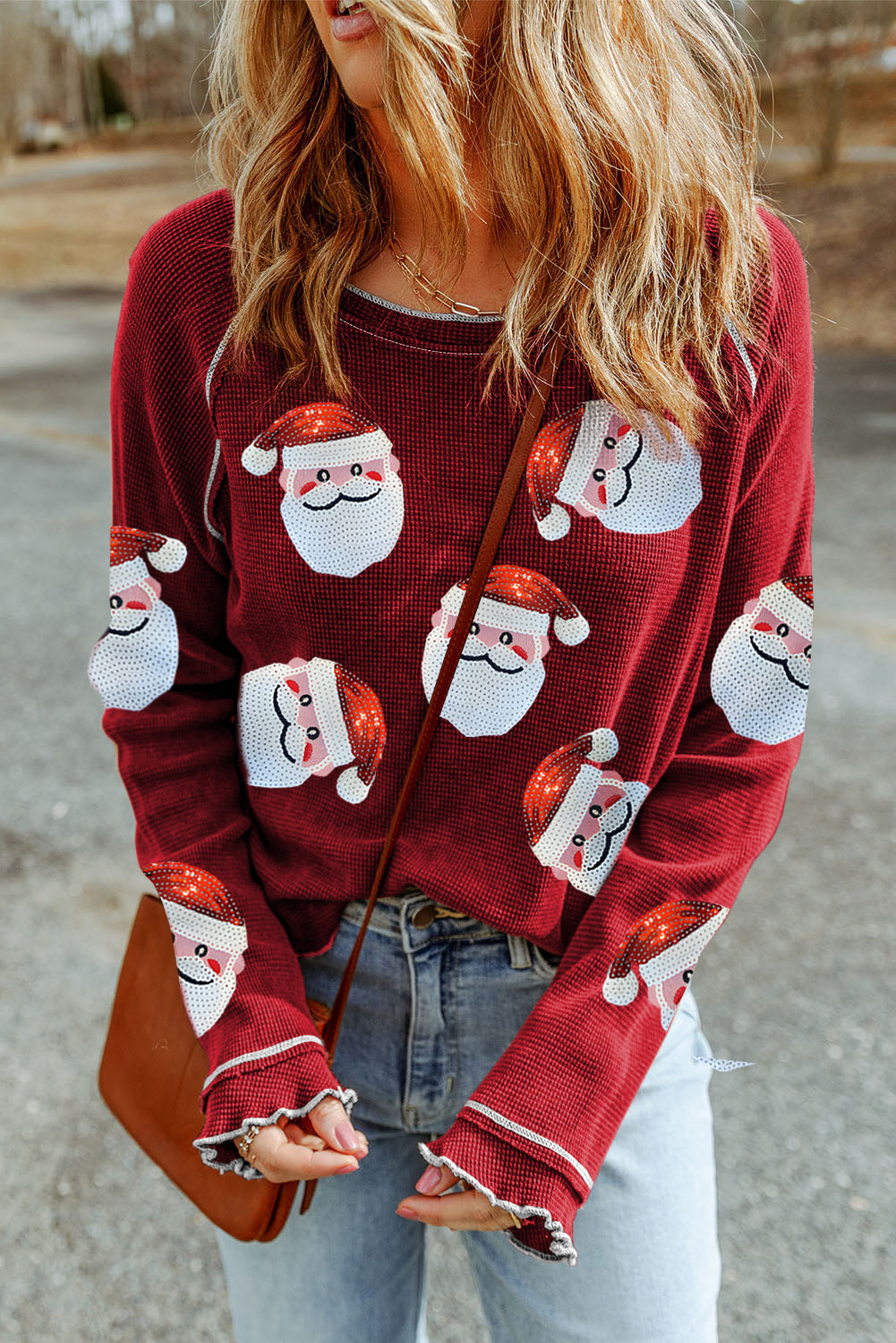 Red Sequin Santa Claus Graphic Textured Long Sleeve Top-Graphic/Graphic Long Sleeve Tees-[Adult]-[Female]-2022 Online Blue Zone Planet