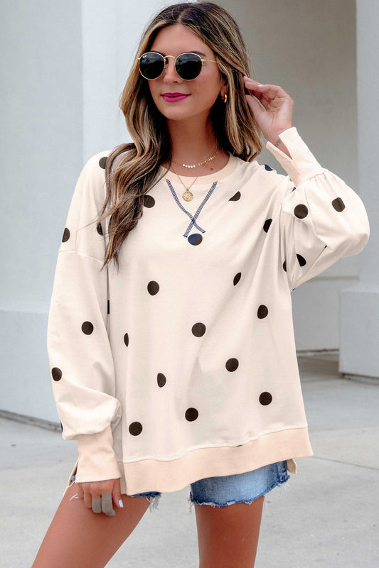 Beige Loose-Fit Long Sleeve Round Neck Polka Dot Tunic Sweatshirt-Tops/Long Sleeve Tops-[Adult]-[Female]-2022 Online Blue Zone Planet