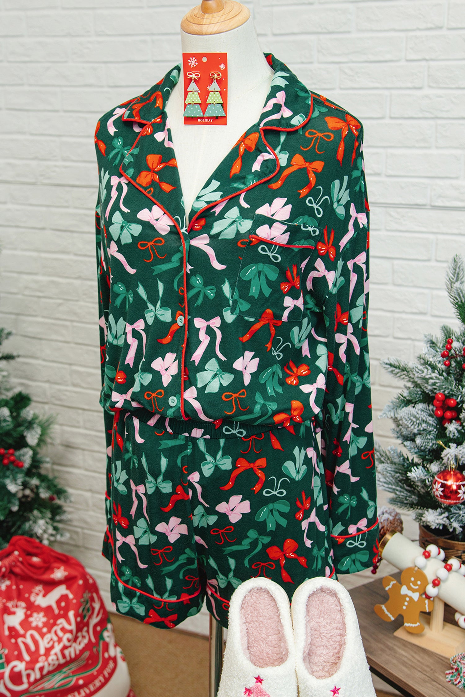 Green Festive Bow Print Long Sleeve Shirt and Pajama Short Set-Loungewear & Sleepwear/Loungewear-[Adult]-[Female]-2022 Online Blue Zone Planet