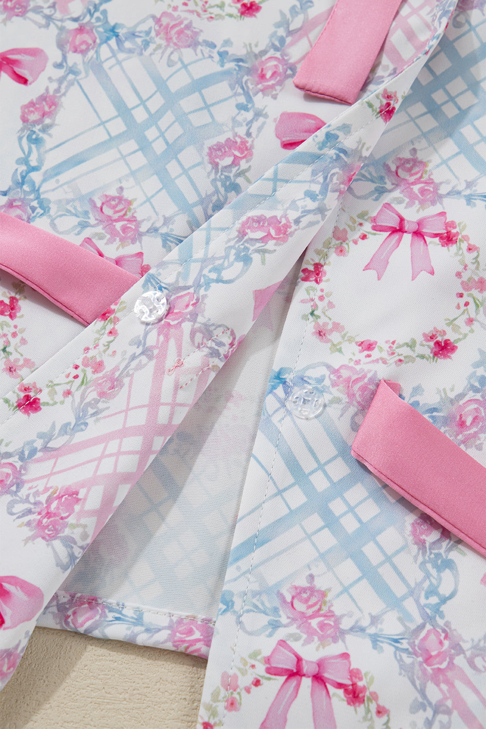 Pink Bow Wreath Pattern Christmas Holiday Tied Front Long Sleeve 2pcs Pajama Set-Loungewear & Sleepwear/Sleepwear-[Adult]-[Female]-2022 Online Blue Zone Planet