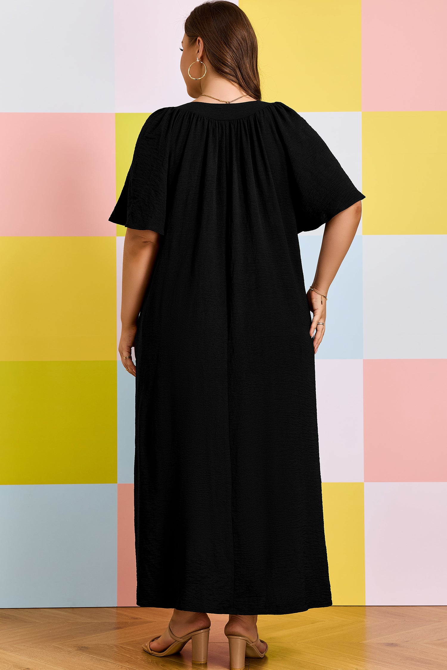 Black Plus Size Solid Color Notched Neck Short Sleeve Loose Dress-TOPS / DRESSES-[Adult]-[Female]-2022 Online Blue Zone Planet