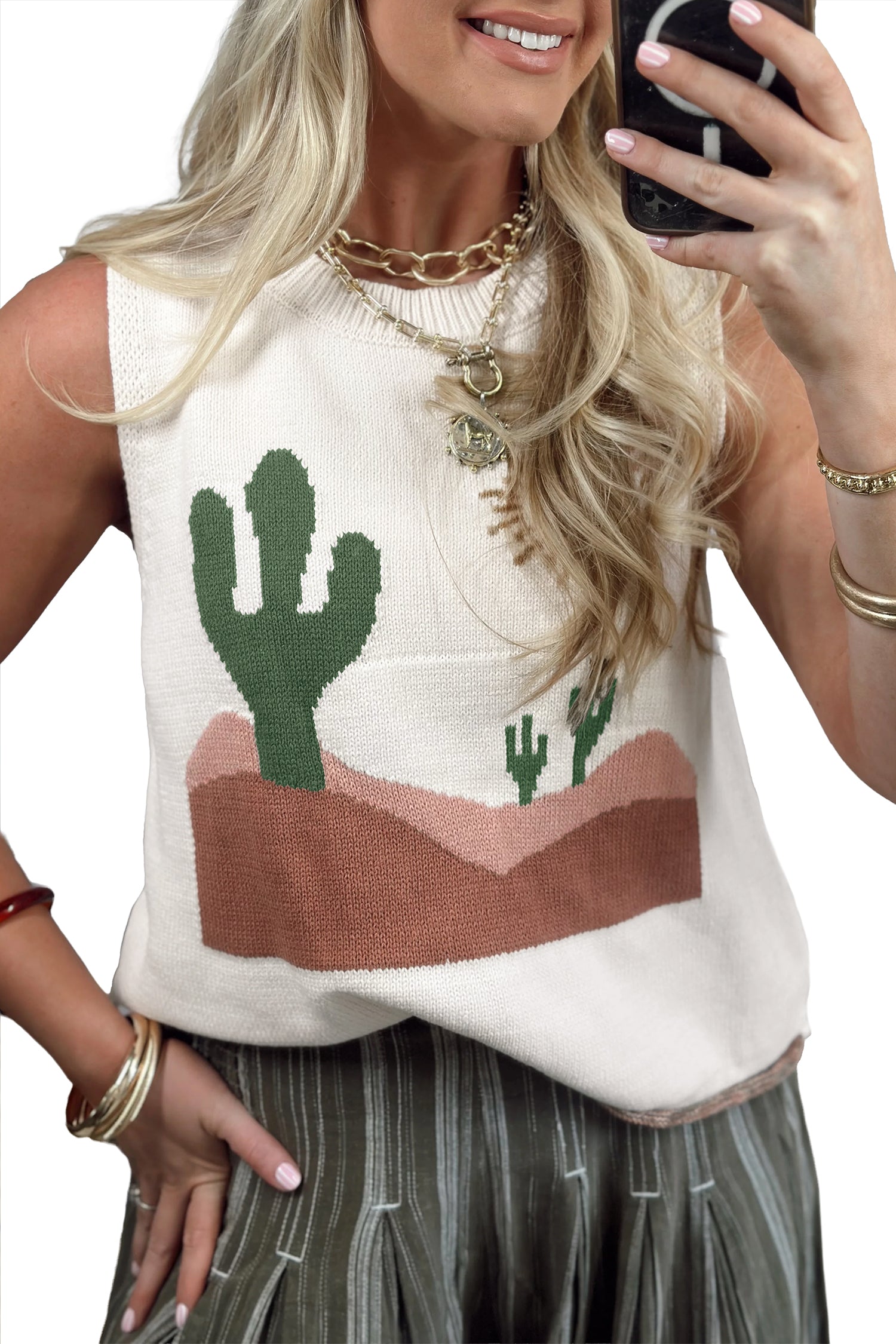 Multicolour Cactus Western Oasis Loose Sweater Vest-TOPS / DRESSES-[Adult]-[Female]-2022 Online Blue Zone Planet