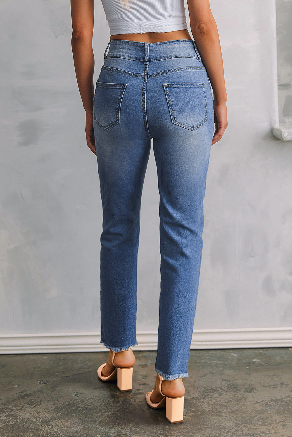 Sky Blue Double Button Raw Hem Slim Fit Jeans-Bottoms/Jeans-[Adult]-[Female]-2022 Online Blue Zone Planet