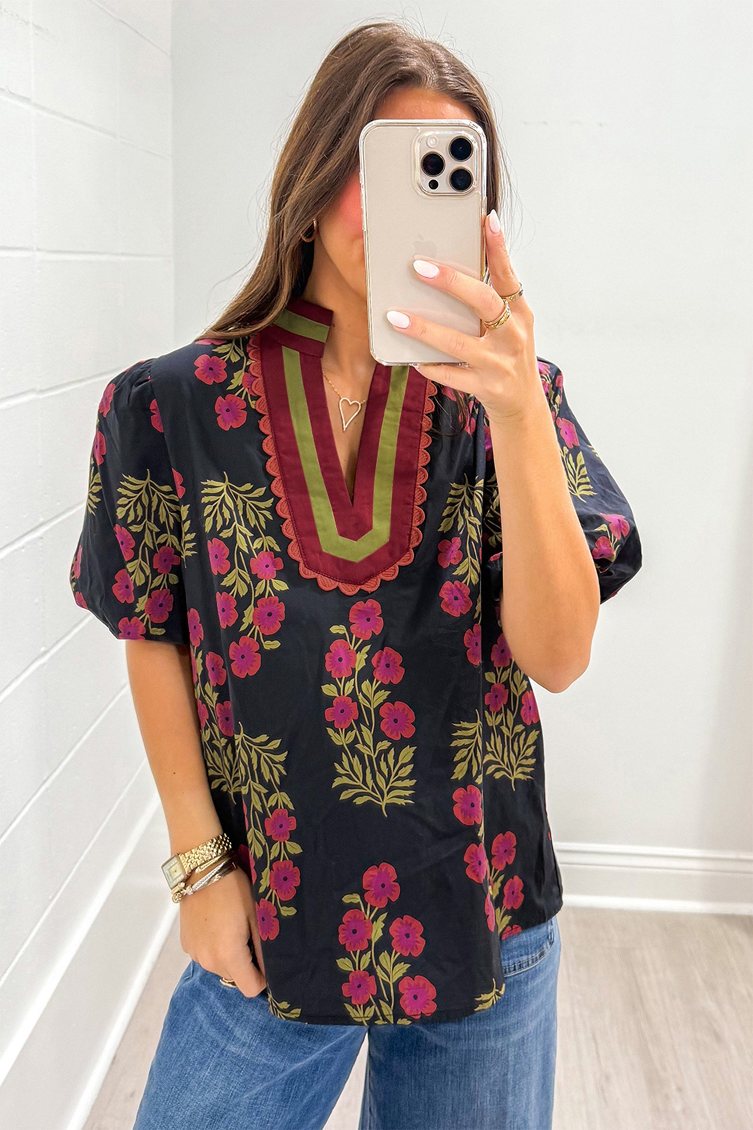 Black Floral Short Bubble Sleeve Contrast Slit Neckline Blouse-Tops/Blouses & Shirts-[Adult]-[Female]-2022 Online Blue Zone Planet