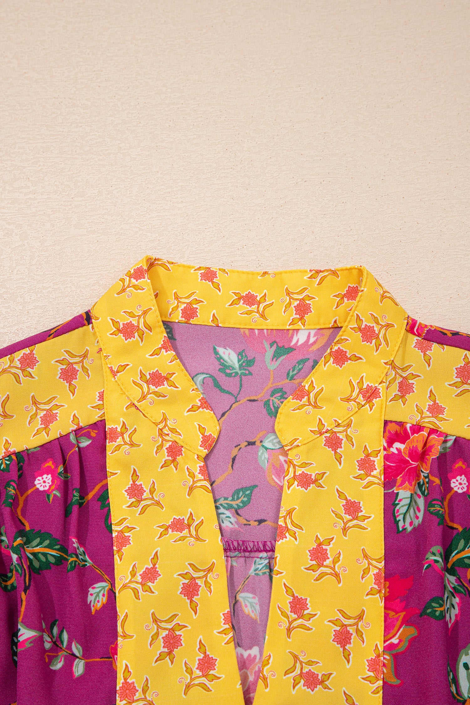 Rose Contrast Placket Split V Neck Floral Blouse-Tops/Blouses & Shirts-[Adult]-[Female]-2022 Online Blue Zone Planet