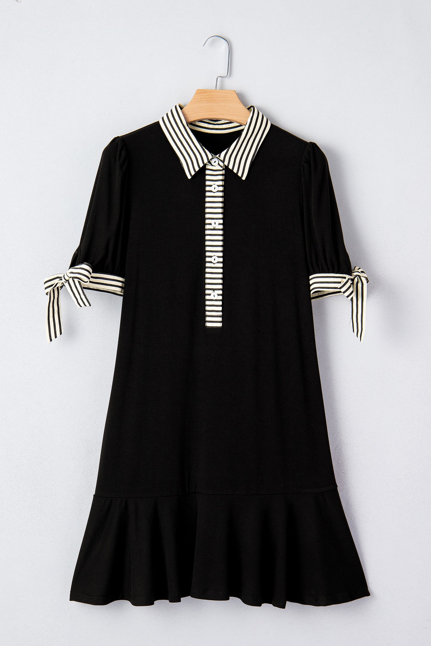 Black Stripe Detail Polo Collar Half Buttons Tied Short Sleeve Shift Mini Dress-Dresses/Mini Dresses-[Adult]-[Female]-2022 Online Blue Zone Planet