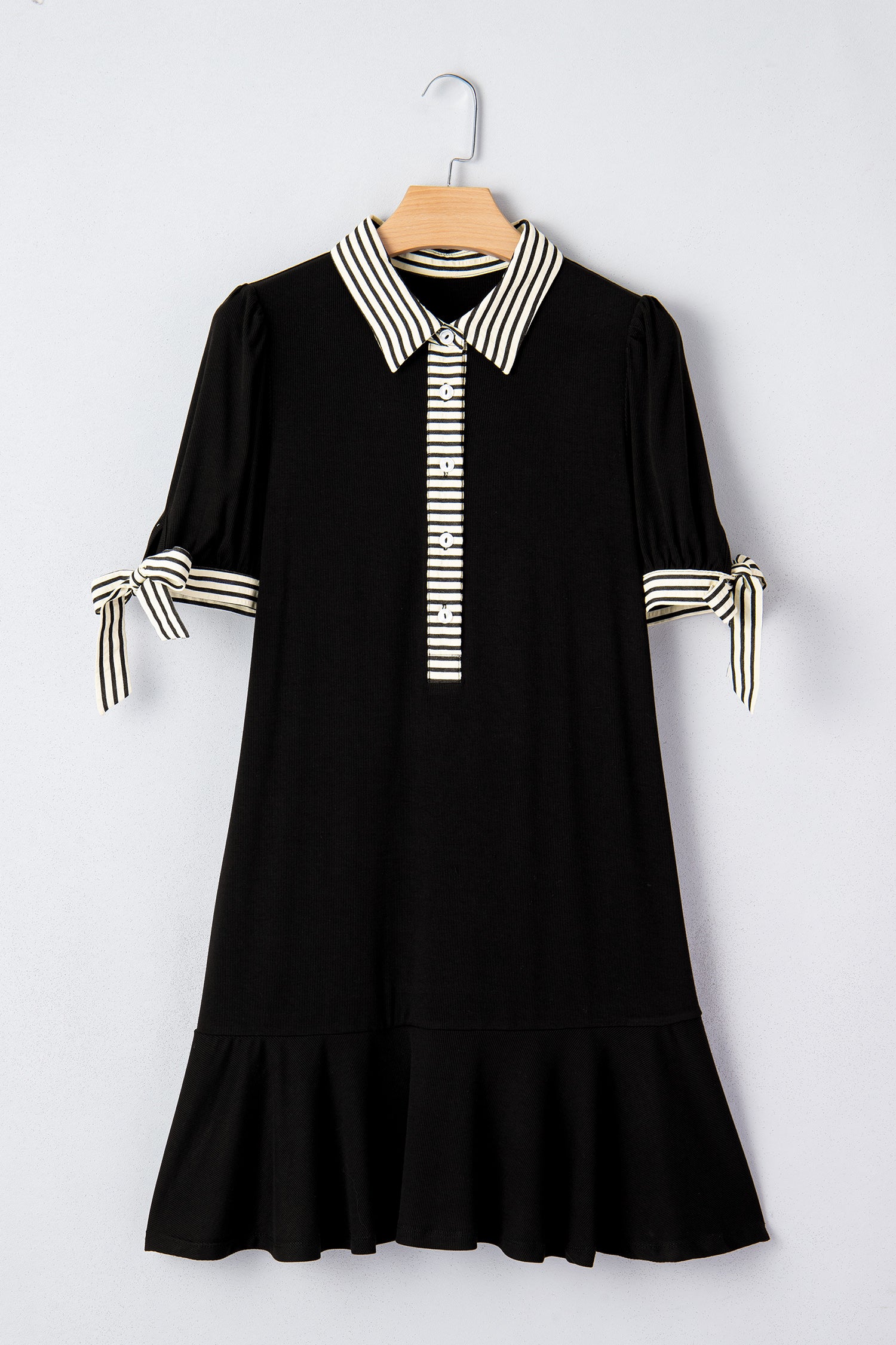 Black Stripe Detail Polo Collar Half Buttons Tied Short Sleeve Shift Mini Dress-Dresses/Mini Dresses-[Adult]-[Female]-2022 Online Blue Zone Planet