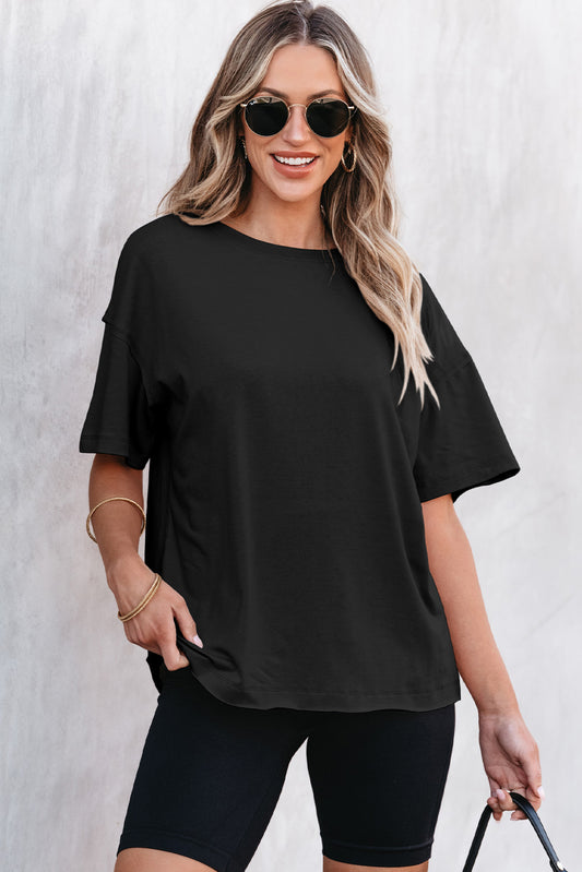 Black Raw Seam Patchwork Drop Shoulder Oversize T Shirt-Tops/Tops & Tees-[Adult]-[Female]-Black-S-2022 Online Blue Zone Planet