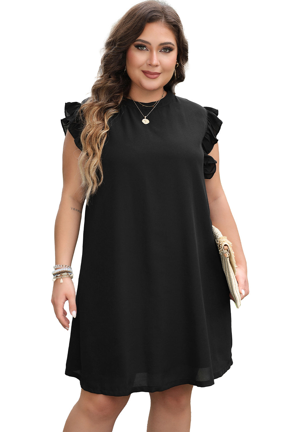 Blue Zone Planet | Black Keyhole Back Ruffled Plus Shift Dress-TOPS / DRESSES-[Adult]-[Female]-2022 Online Blue Zone Planet