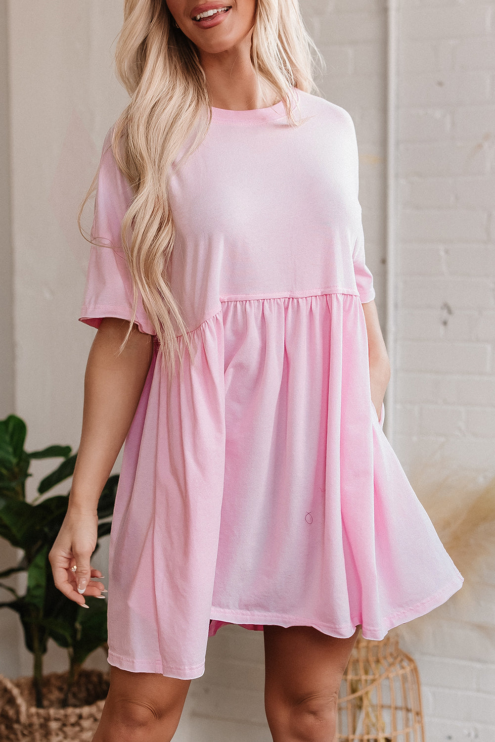 Light Pink Solid Color Pocketed Raw Edge Babydoll Dress-TOPS / DRESSES-[Adult]-[Female]-2022 Online Blue Zone Planet