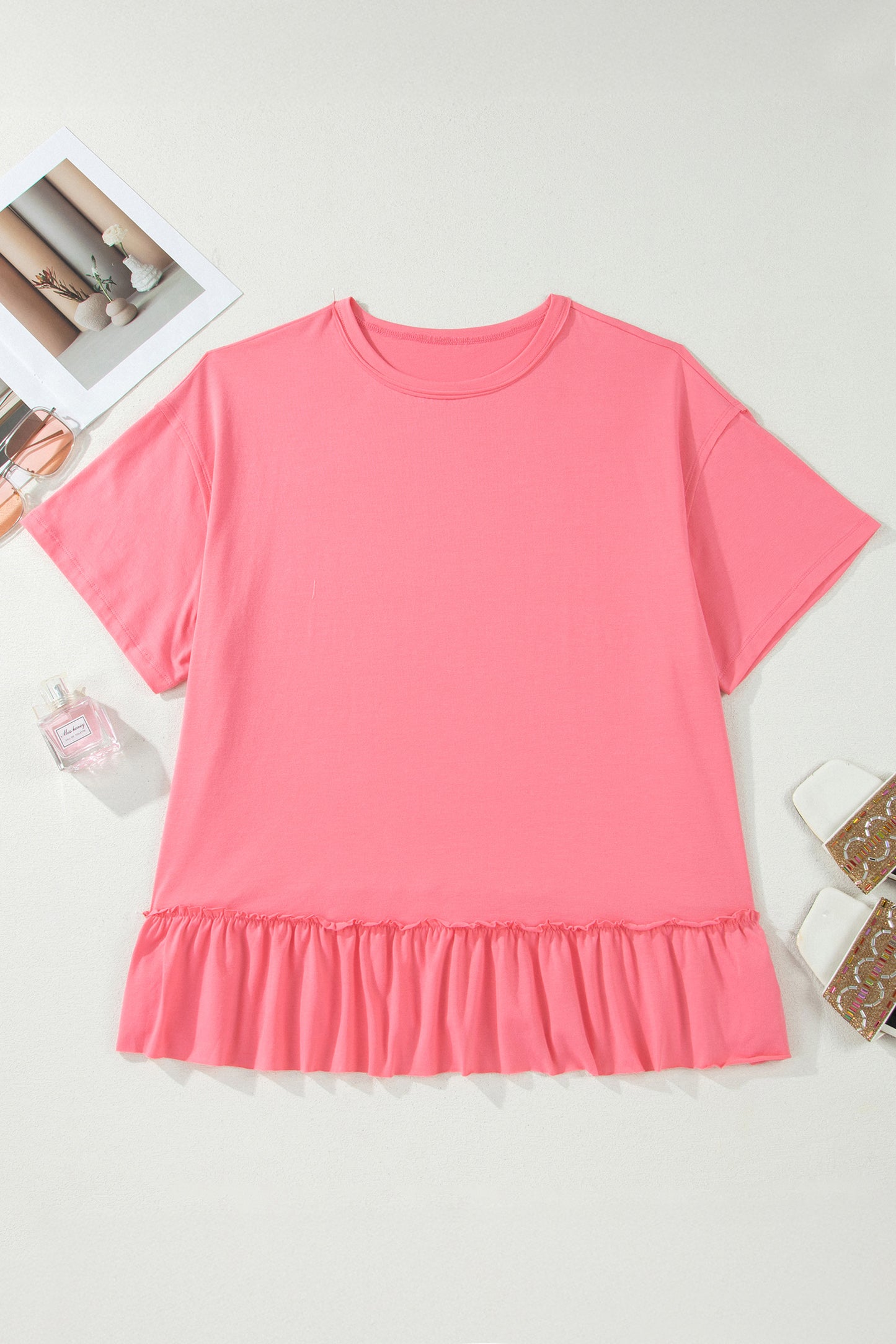 Peach Blossom Solid Color Raw Seam Detail Ruffle Hem Plus Size T Shirt-Plus Size/Plus Size Tops/Plus Size Tops & Tees-[Adult]-[Female]-2022 Online Blue Zone Planet
