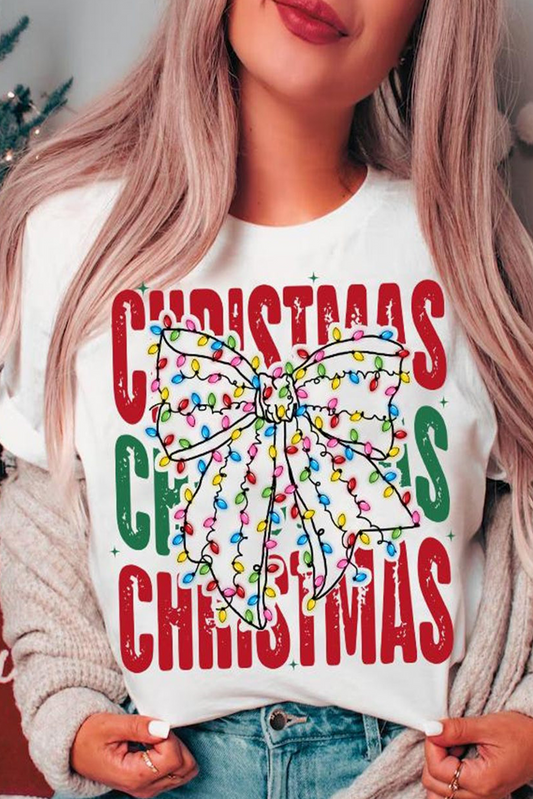 White Christmas Bowknot Graphic Tee-Graphic Tees-[Adult]-[Female]-White-S-2022 Online Blue Zone Planet