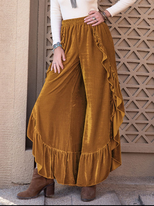 Slit Ruffled Wide Leg Pants-BOTTOMS SIZES SMALL MEDIUM LARGE-[Adult]-[Female]-Caramel-S-2022 Online Blue Zone Planet