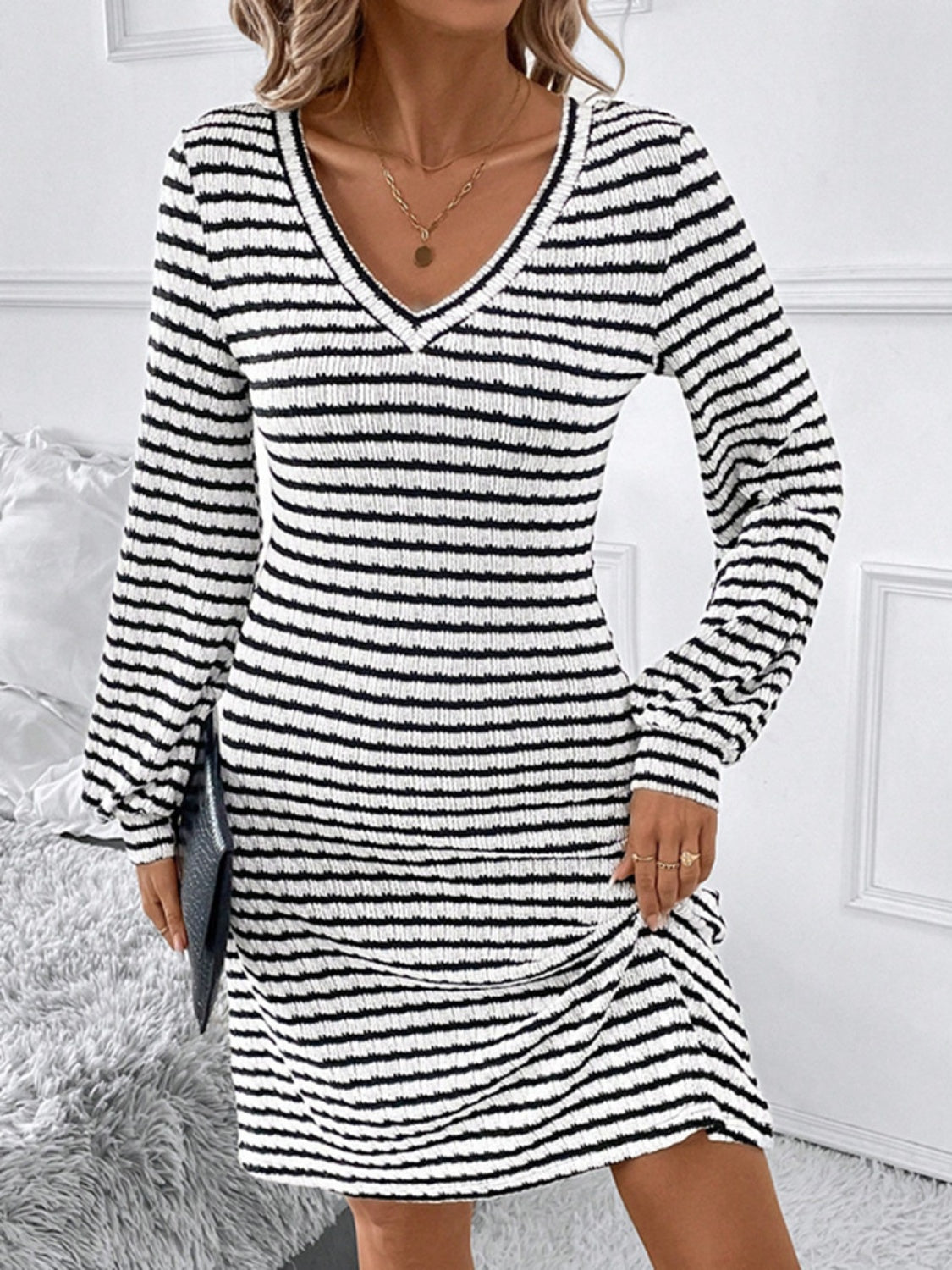 Blue Zone Planet |  Striped V-Neck Long Sleeve Dress