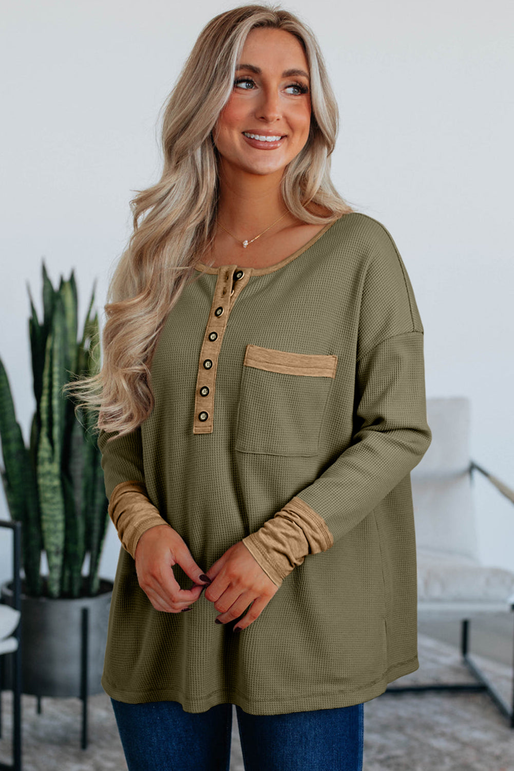 Vineyard Green Color Block Waffle Textured Tunic Henley Top With Slits-Tops/Long Sleeve Tops-[Adult]-[Female]-2022 Online Blue Zone Planet