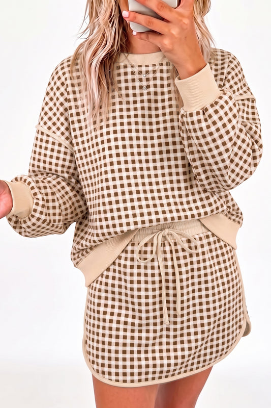 Green Gingham Oversized Ribbed Trim Crew Neck Long Sleeve Top and Skort Set