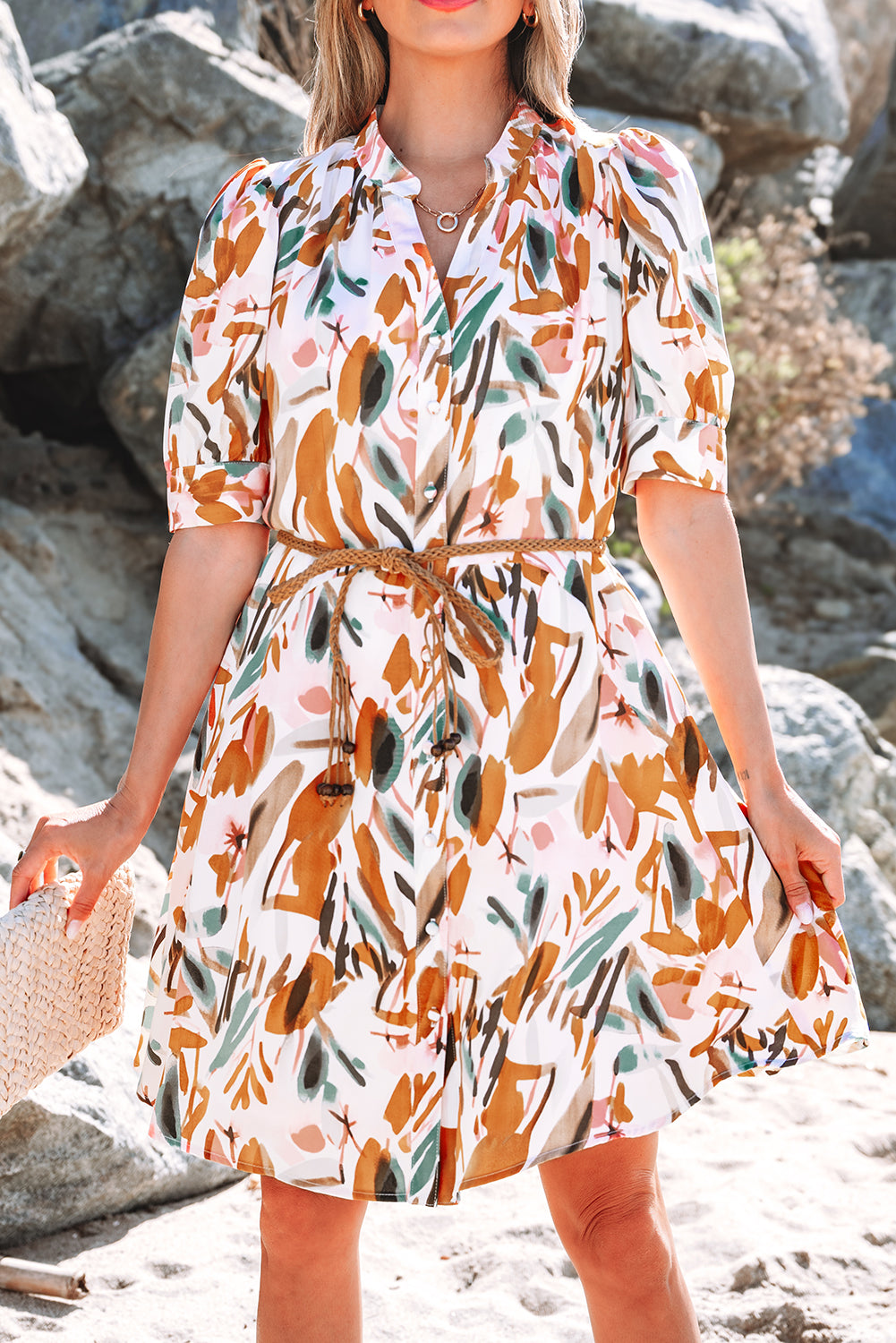 Brown Abstract Printed Puff Sleeve Button Up Braided Belt Mini Dress-Dresses/Mini Dresses-[Adult]-[Female]-2022 Online Blue Zone Planet