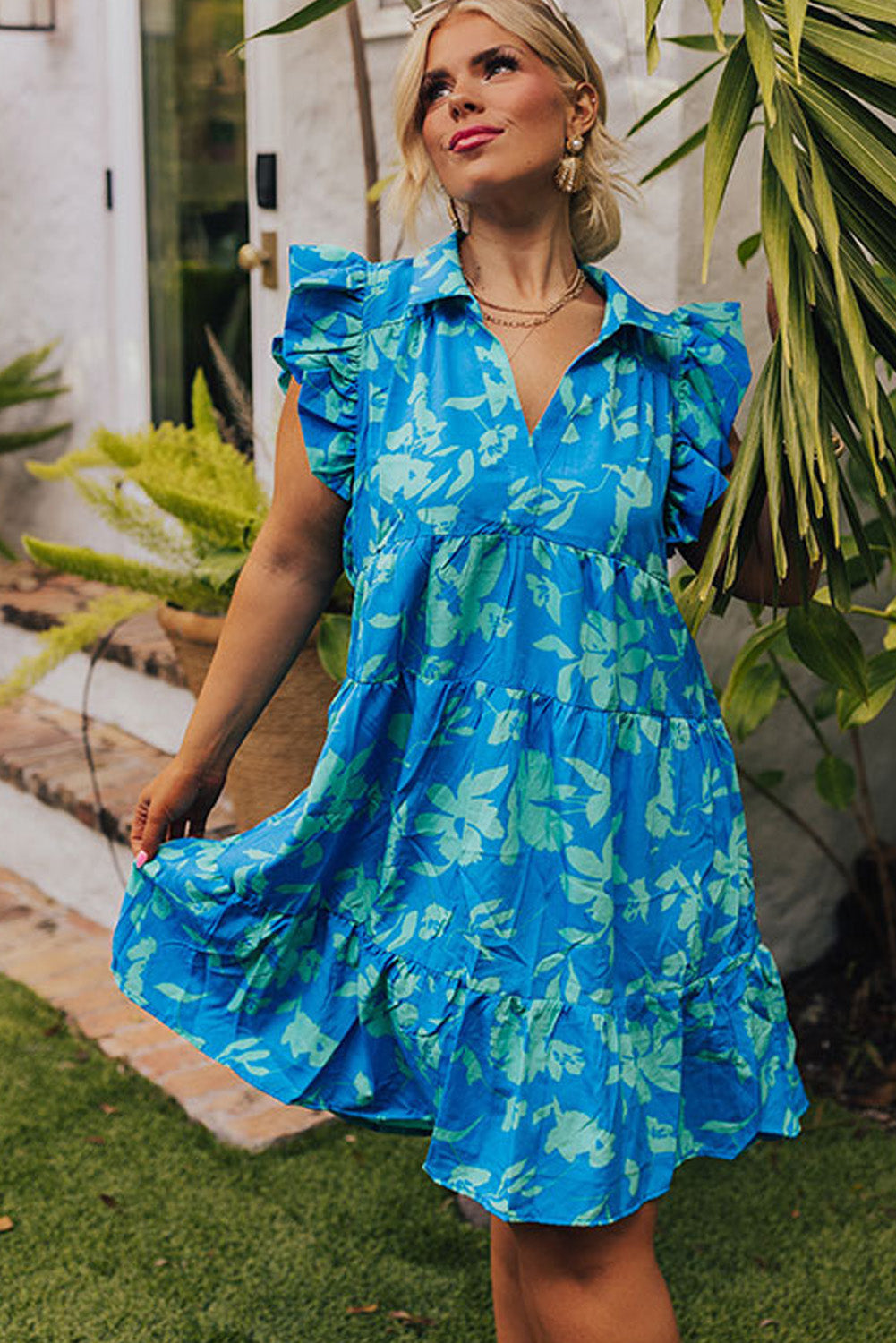 Blue Zone Planet |  Sky Blue Plus Size Floral Print Flutter Sleeve Buttoned Mini Dress Blue Zone Planet