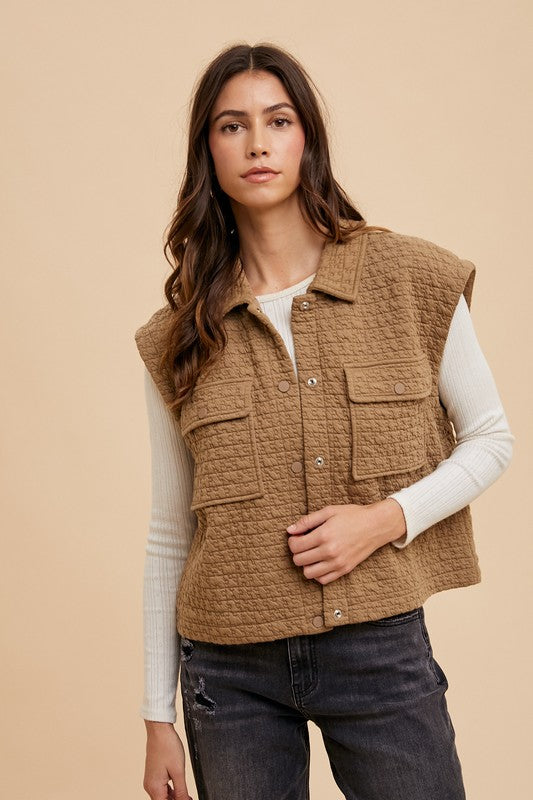 Annie Wear Puzzle Quilted Snap Down Vest Coat-TOPS / DRESSES-[Adult]-[Female]-Caramel-S-2022 Online Blue Zone Planet