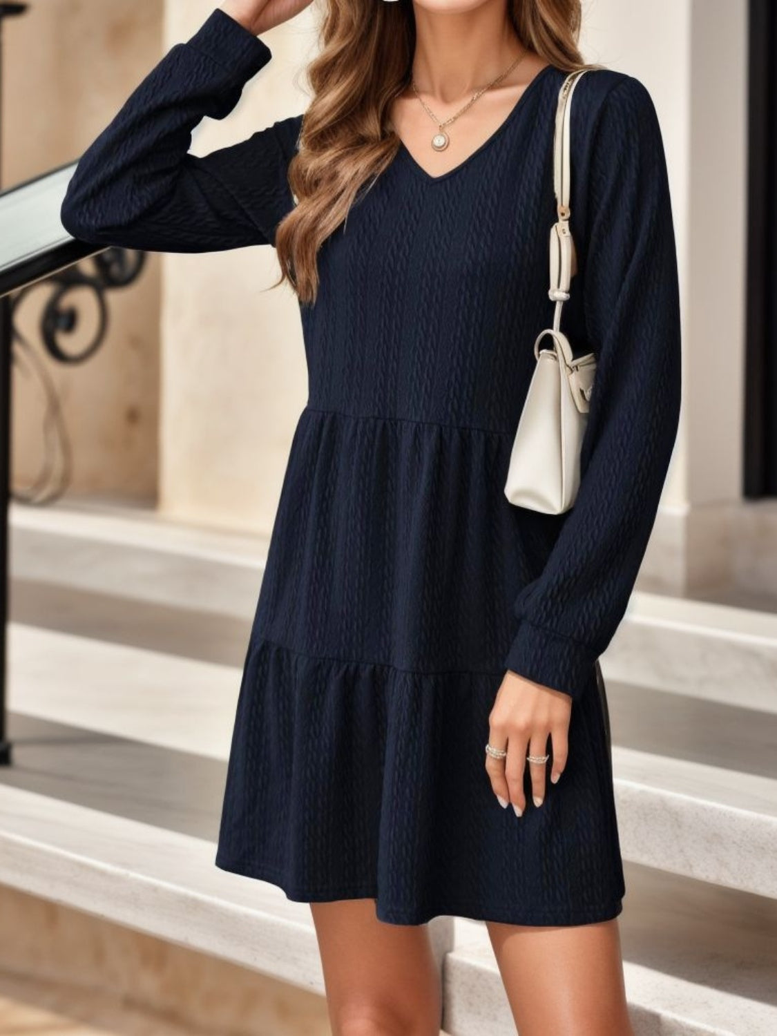 V-Neck Long Sleeve Mini Dress-TOPS / DRESSES-[Adult]-[Female]-2022 Online Blue Zone Planet