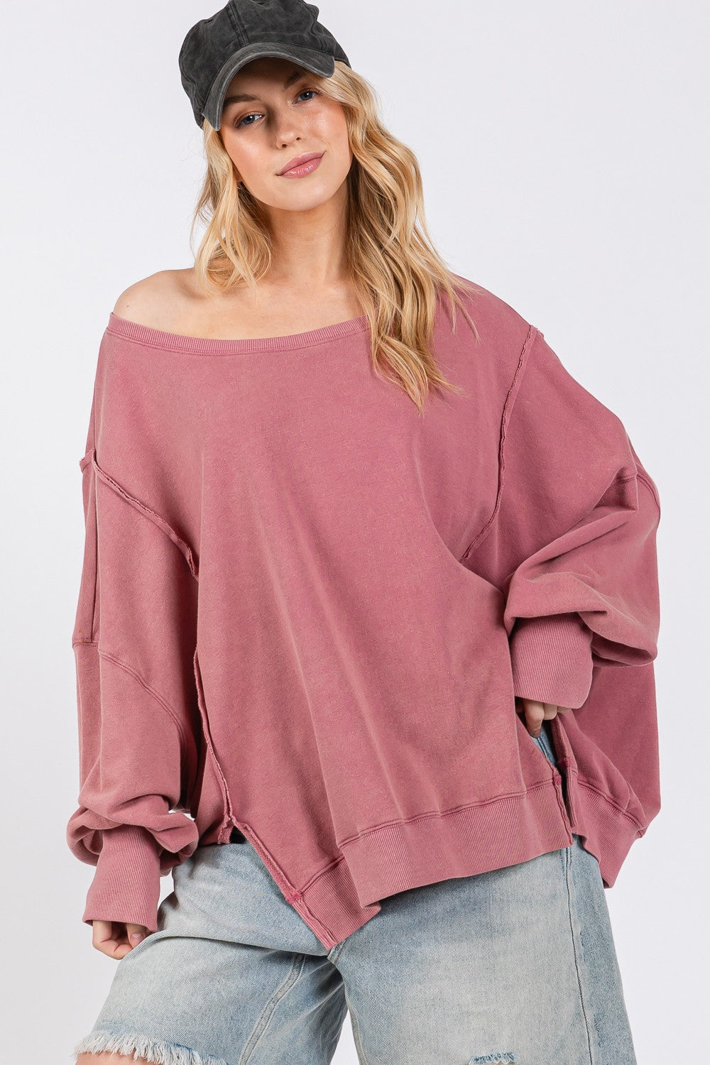 Blue Zone Planet | SAGE + FIG Mineral Wash Side Slit Oversized Sweatshirt-TOPS / DRESSES-[Adult]-[Female]-Mulberry-S-2022 Online Blue Zone Planet