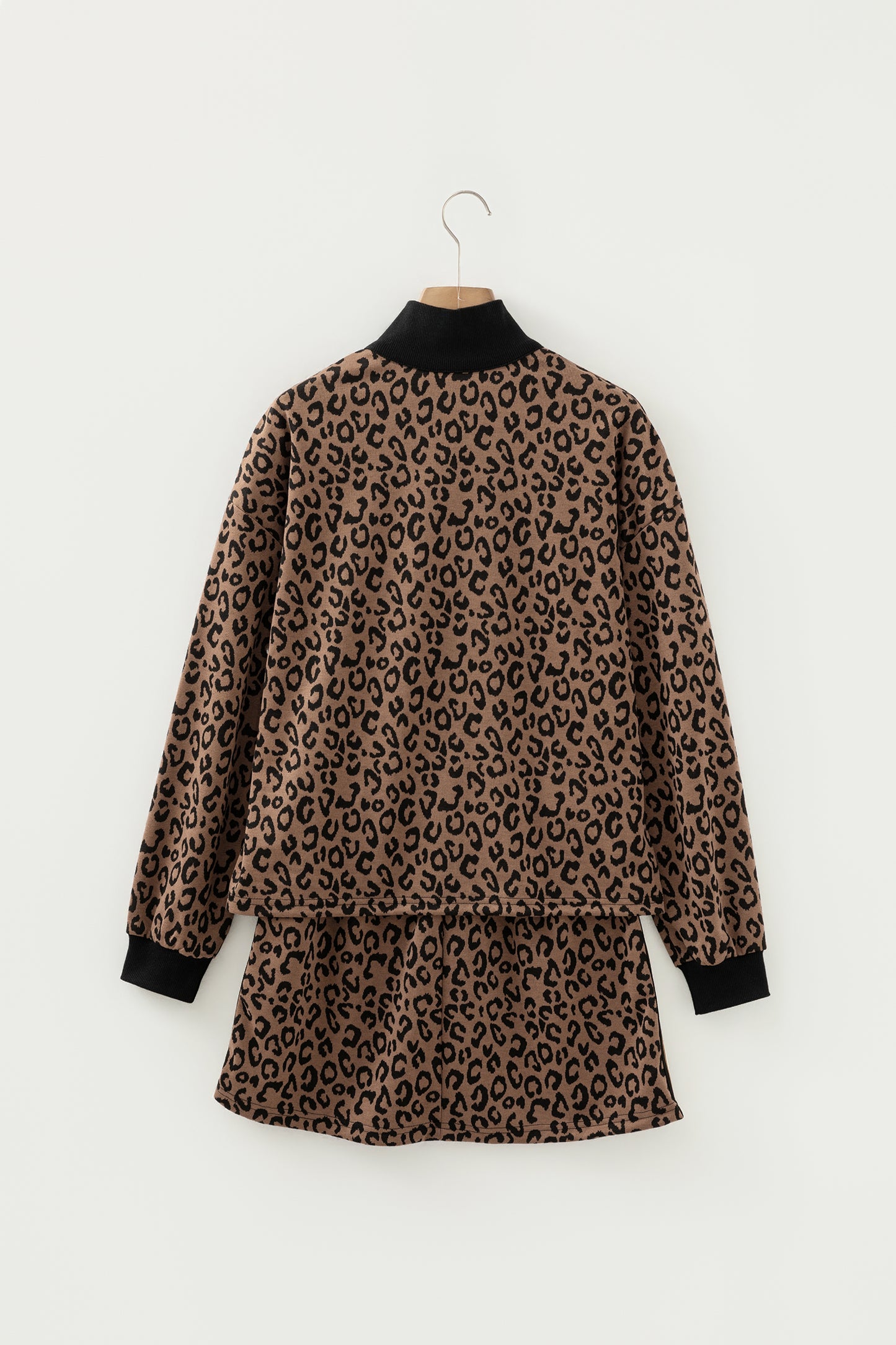 Khaki Leopard Print Quarter Zip Long Sleeve Top Mini Skirt Set-Two Piece Sets/Two Piece Dresses-[Adult]-[Female]-2022 Online Blue Zone Planet