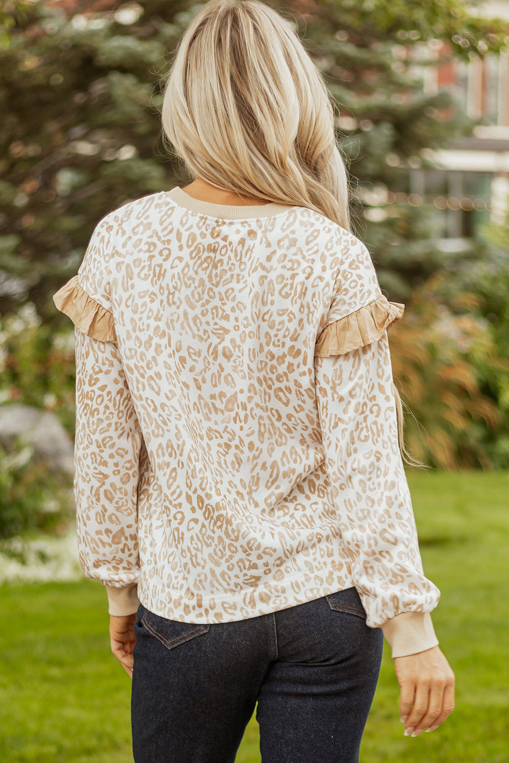 Khaki Leopard Ruffle Detail Ribbed Trim Round Neck Sweatshirt-Tops/Sweatshirts & Hoodies-[Adult]-[Female]-2022 Online Blue Zone Planet