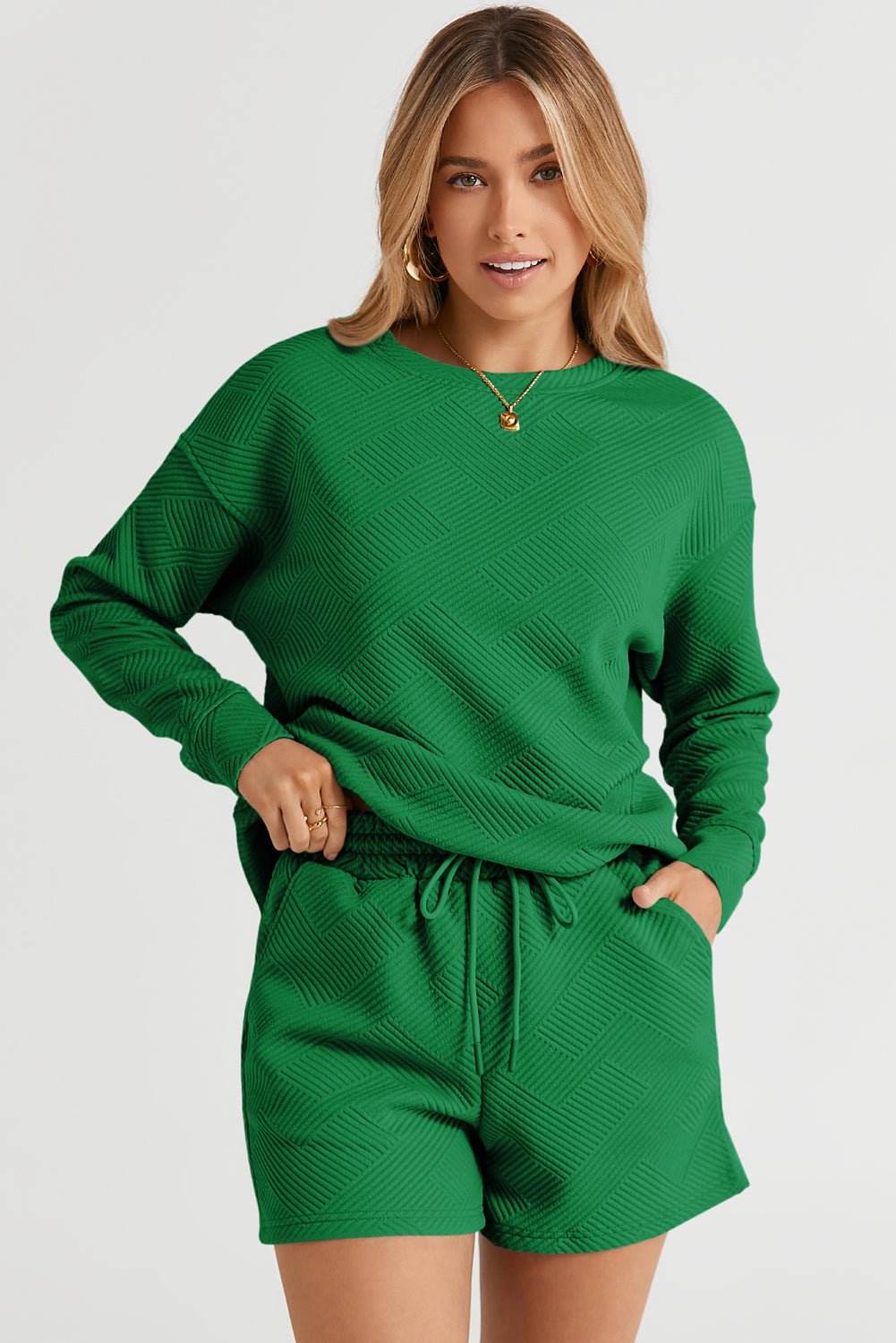 Green Textured Long Sleeve Top and Drawstring Shorts Set-Two Piece Sets/Short Sets-[Adult]-[Female]-2022 Online Blue Zone Planet