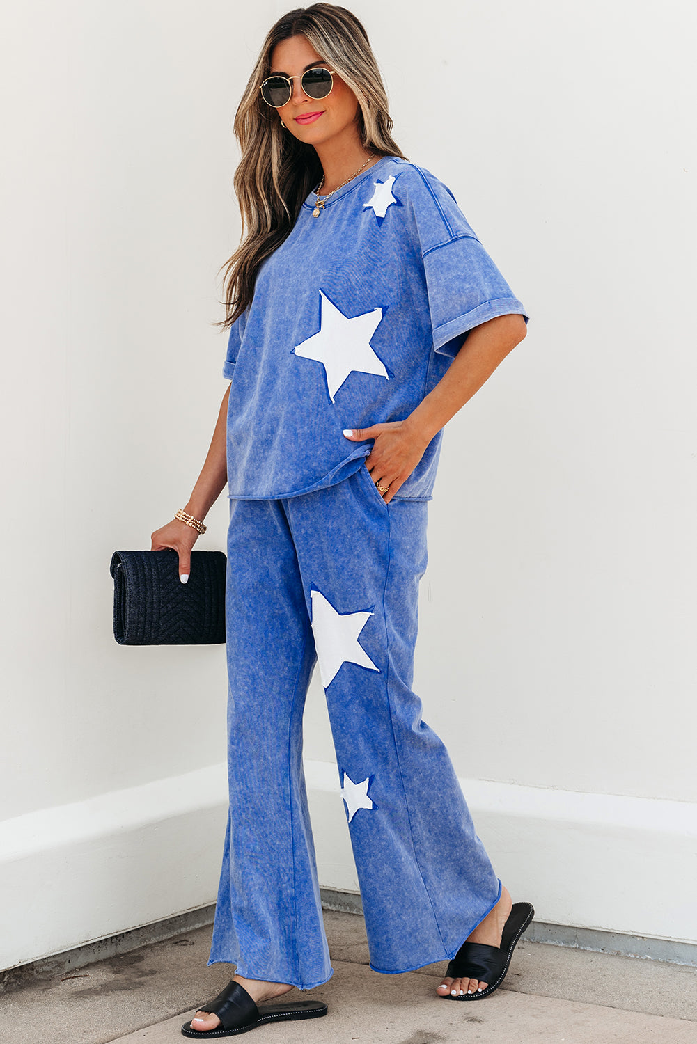 Ashleigh Blue Acid Wash Star Patched Rolled Trim Pants Set-Two Piece Sets/Pant Sets-[Adult]-[Female]-2022 Online Blue Zone Planet