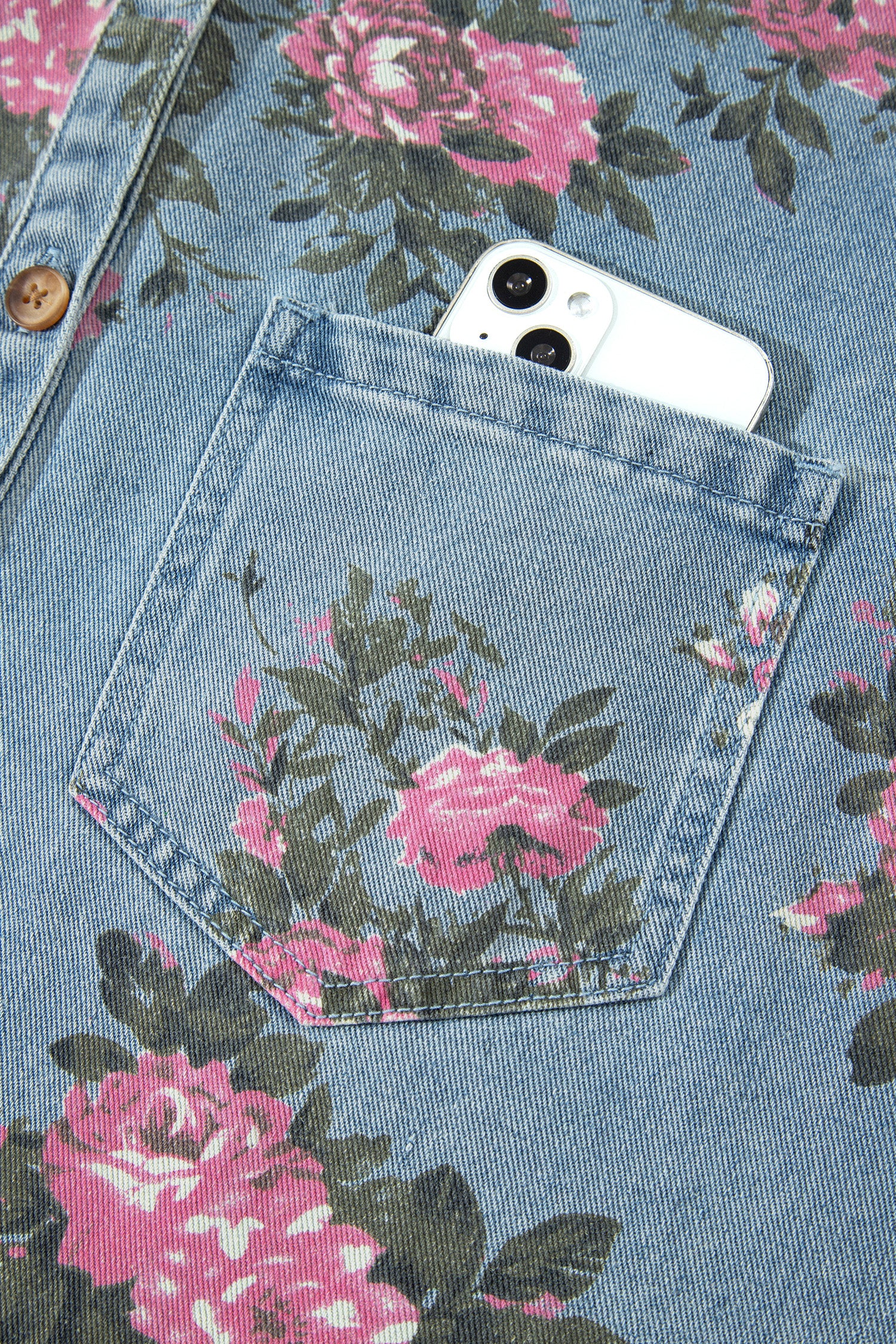 Sky Blue Floral Print Raw Seam Ruffle Hem Denim Jacket-Outerwear/Denim jackets-[Adult]-[Female]-2022 Online Blue Zone Planet