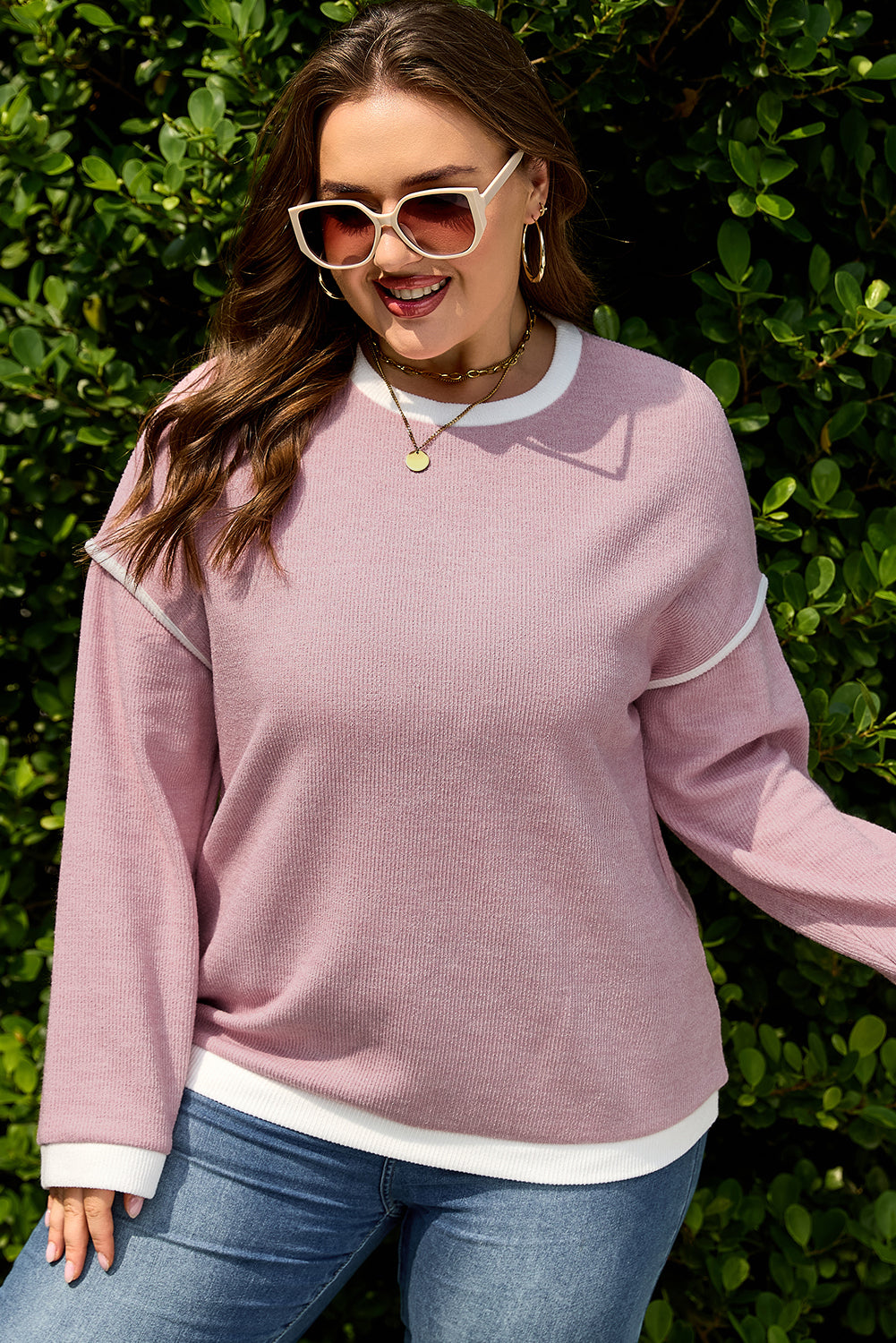 Light Pink Contrast Trim Knitted Drop Shoulder Plus Size Top-Plus Size/Plus Size Tops/Plus Size Long Sleeve Tops-[Adult]-[Female]-2022 Online Blue Zone Planet