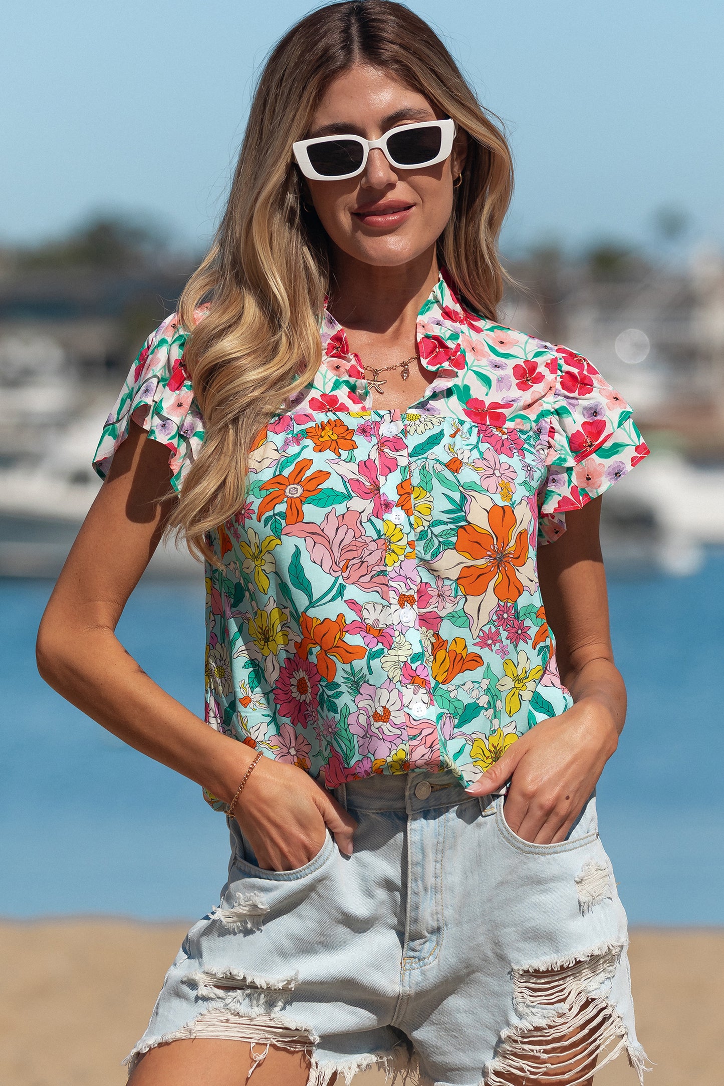 Sky Blue Floral Print Split Neck Button Front Flutter Sleeve Blouse-Tops/Blouses & Shirts-[Adult]-[Female]-2022 Online Blue Zone Planet