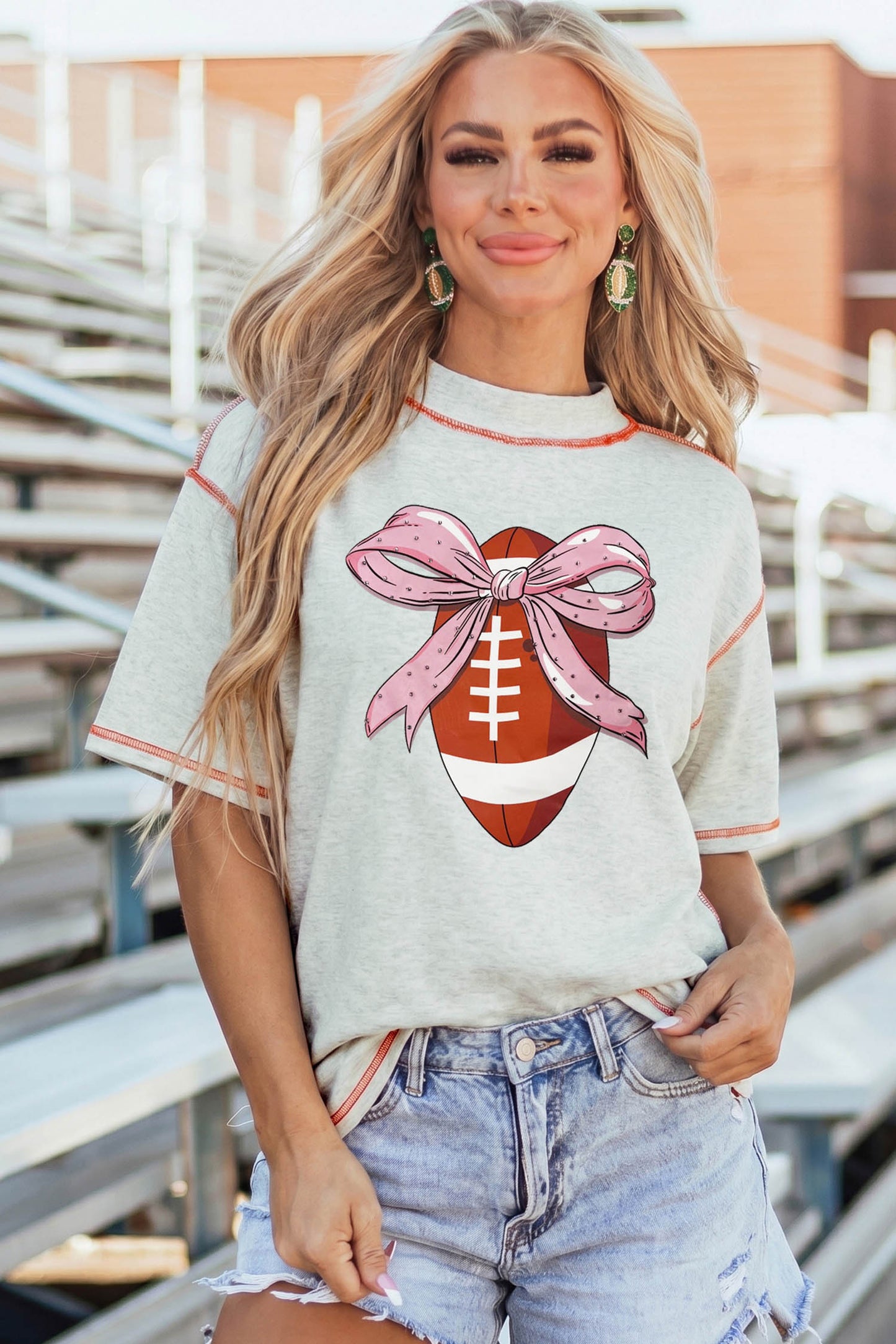 Light Grey Sweet Bow Rugby Football Graphic Contrast Stitched Tee