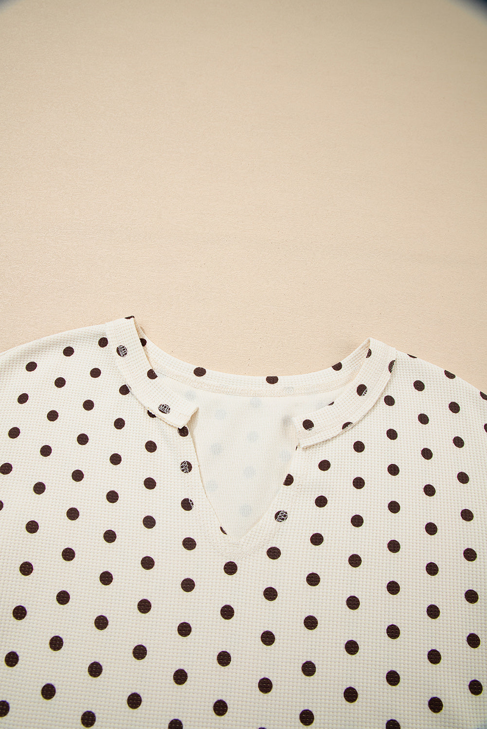 White Polka Dot Print Notched Neck Long Sleeve Top Drawstring Jogger Pants Waffle Knit Lounge Set-Loungewear & Sleepwear/Loungewear-[Adult]-[Female]-2022 Online Blue Zone Planet