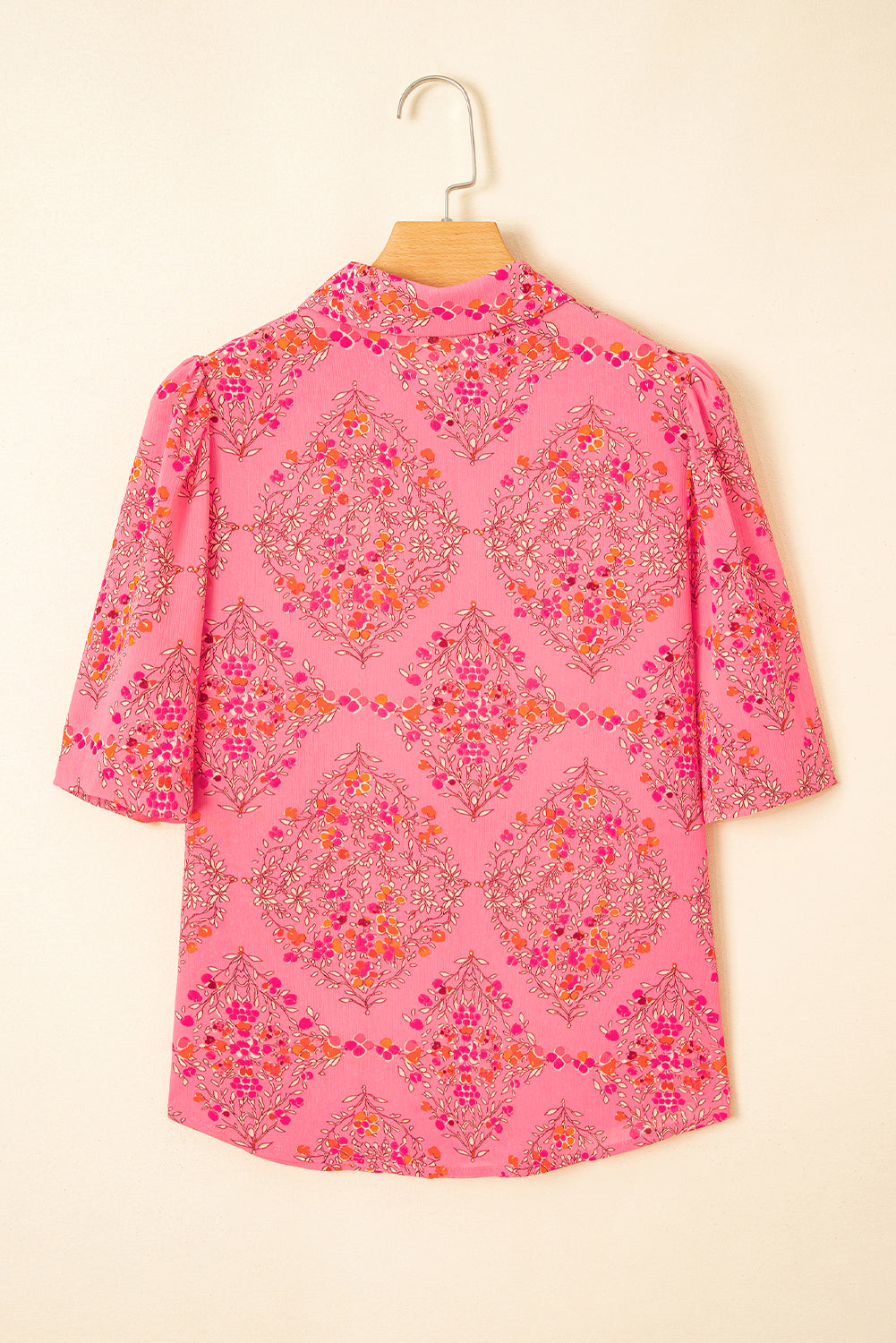 Rose Red Floral Print Wide Short Sleeve Loose Shirt-Tops/Blouses & Shirts-[Adult]-[Female]-2022 Online Blue Zone Planet