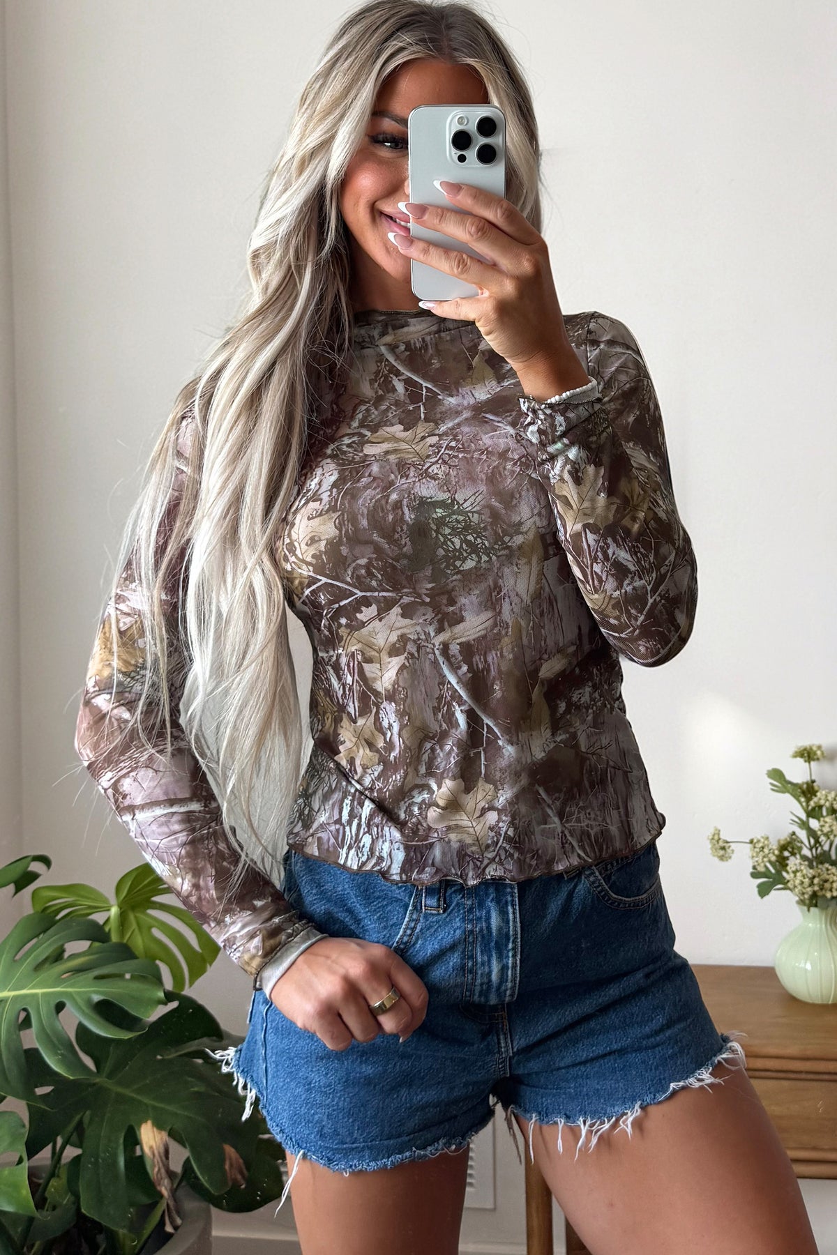 Smoke Gray Floral Print Slim Fit Mesh Long Sleeve Mock Neck Top-Tops/Long Sleeve Tops-[Adult]-[Female]-2022 Online Blue Zone Planet