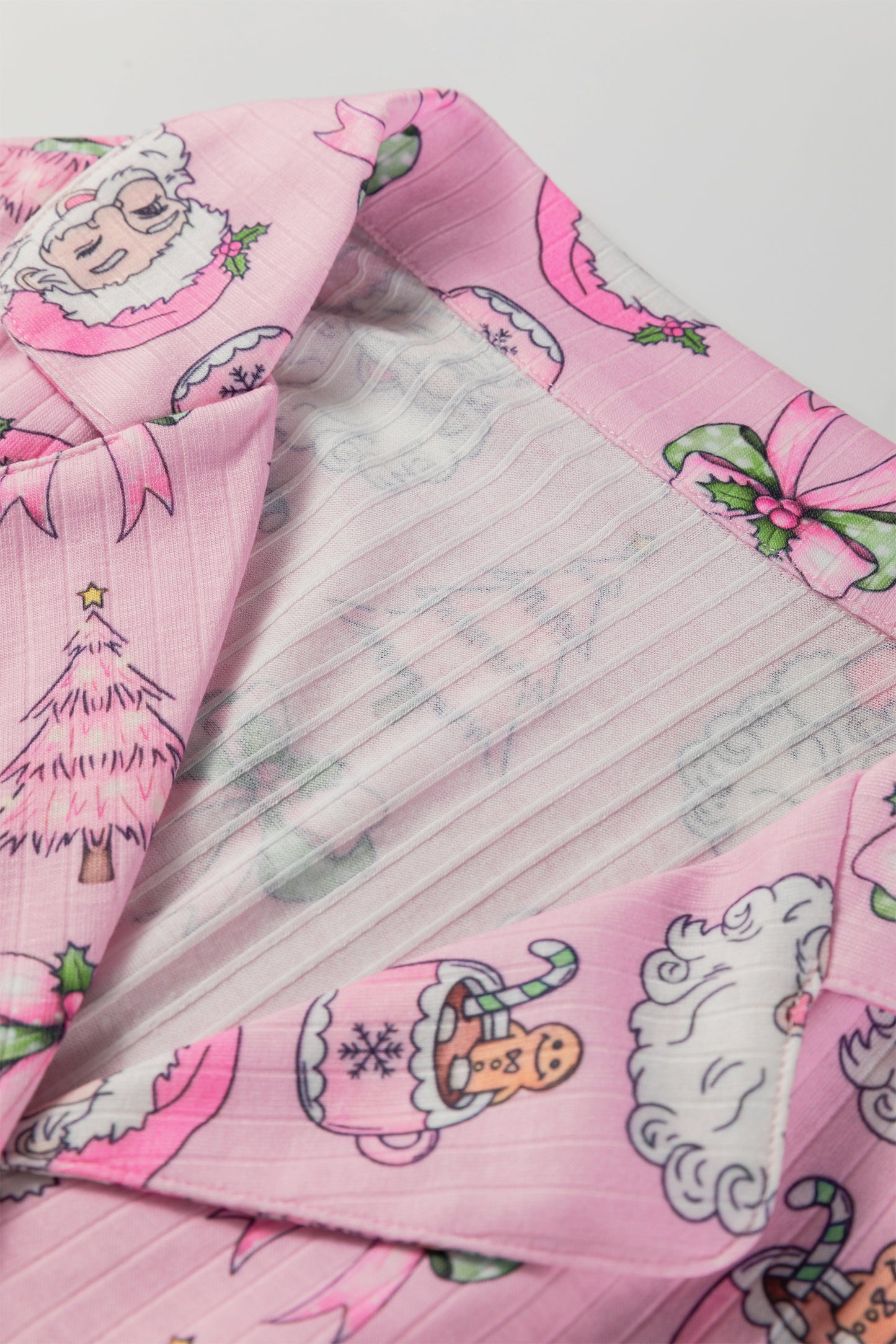 Pink Christmas Print Ruffled Ribbed Shirt & Pants 2 Piece PJ Set-Loungewear & Sleepwear/Sleepwear-[Adult]-[Female]-2022 Online Blue Zone Planet