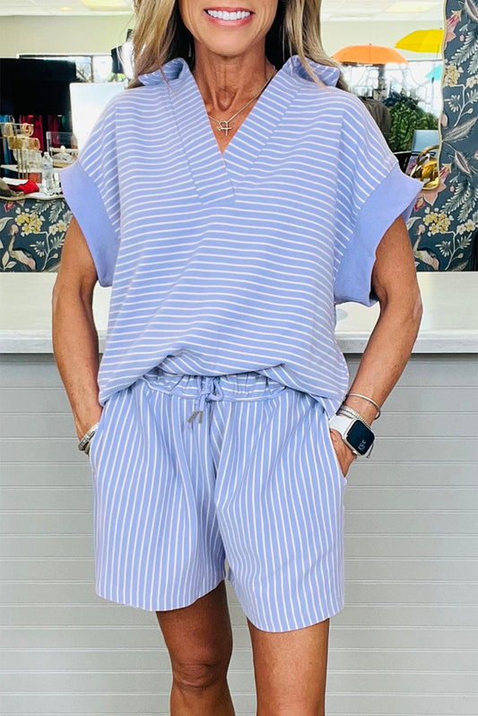 Sky Blue Stripe Dolman Sleeve Polo Shirt and Drawstring Shorts Set-Two Piece Sets/Short Sets-[Adult]-[Female]-Sky Blue Stripe-S-2022 Online Blue Zone Planet