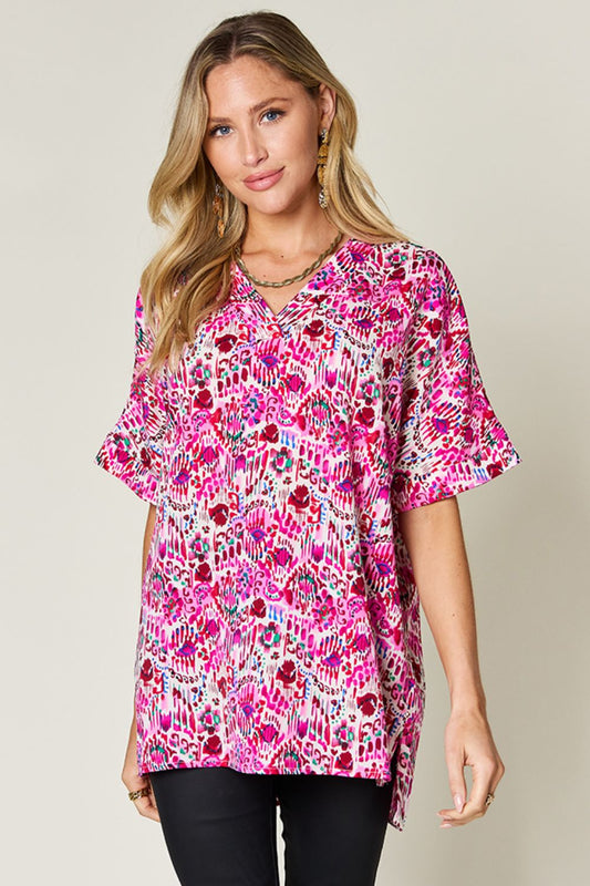 Blue Zone Planet | Double Take Full Size Printed V-Neck Short Sleeve Blouse-TOPS / DRESSES-[Adult]-[Female]-Pink-S-2022 Online Blue Zone Planet