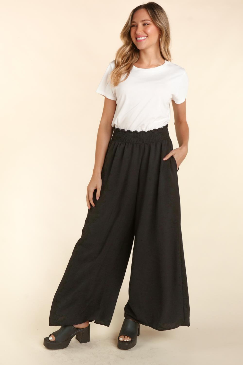 Blue Zone Planet | Haptics Elastic Waist Wide Leg Pants with Pockets-TOPS / DRESSES-[Adult]-[Female]-Black-S-2022 Online Blue Zone Planet